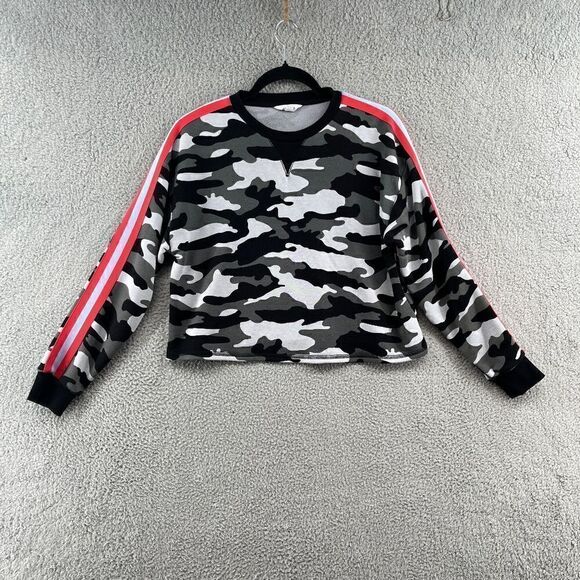 OFF DUTY BB Dakota Cropped Sweater Womens small Black Camouflage Striped Sleeve - Picture 1 of 14
